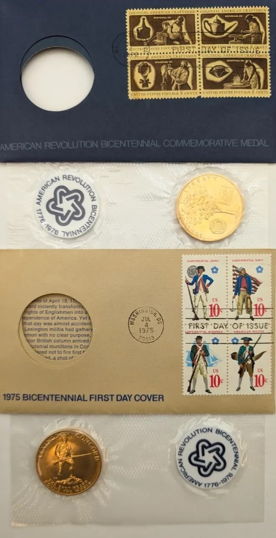 Lot of 2 American Revolution Bicentennial Commemorative Medals & Stamps- 1972, 1975 - 2