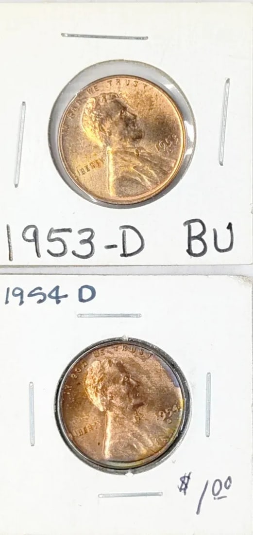 Lot of 2 Uncirculated Wheat Cents- 1953-S, 1954-D: _