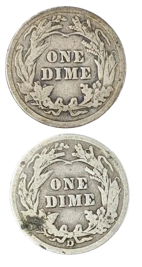 Lot of 2 Silver Barber Dimes - 1914 P/D - 2