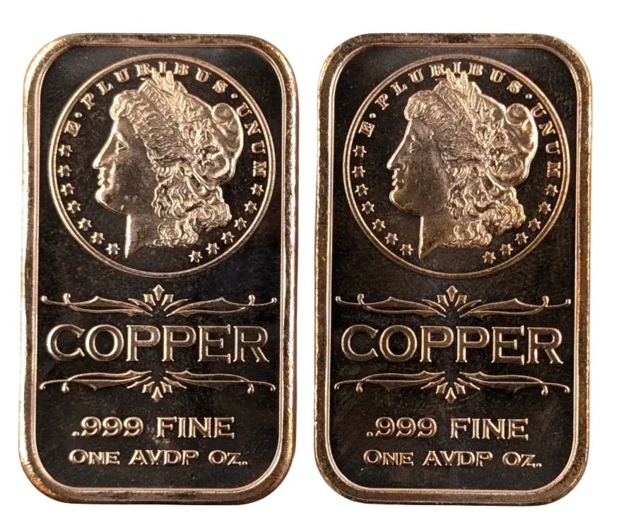 Lot of 2 - 1 Ounce (each) Fine .999 Copper Bars - Morgan: _