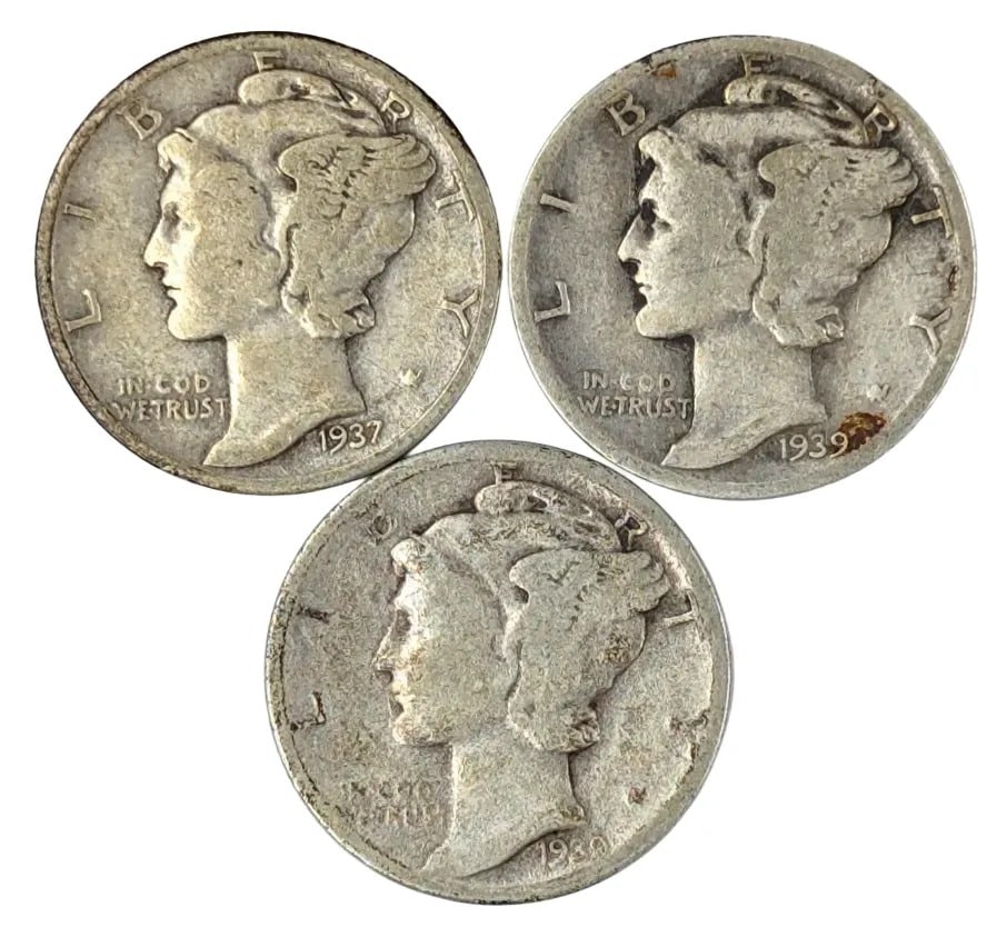 Lot of 3 Silver Mercury Dimes - 1937, 1939 D/P: _