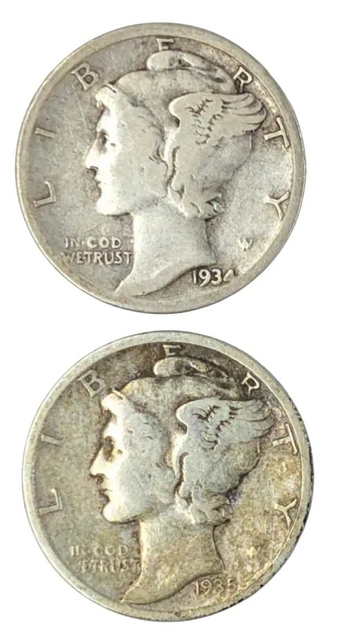 Lot of 2 Silver Mercury Dimes - 1934, 1935: _