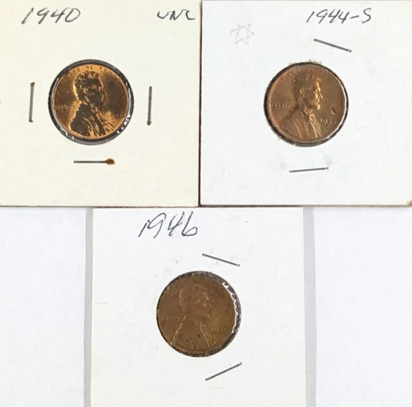 Lot of 3 Wheat Cents- 1940, 1944-S, 1946: _