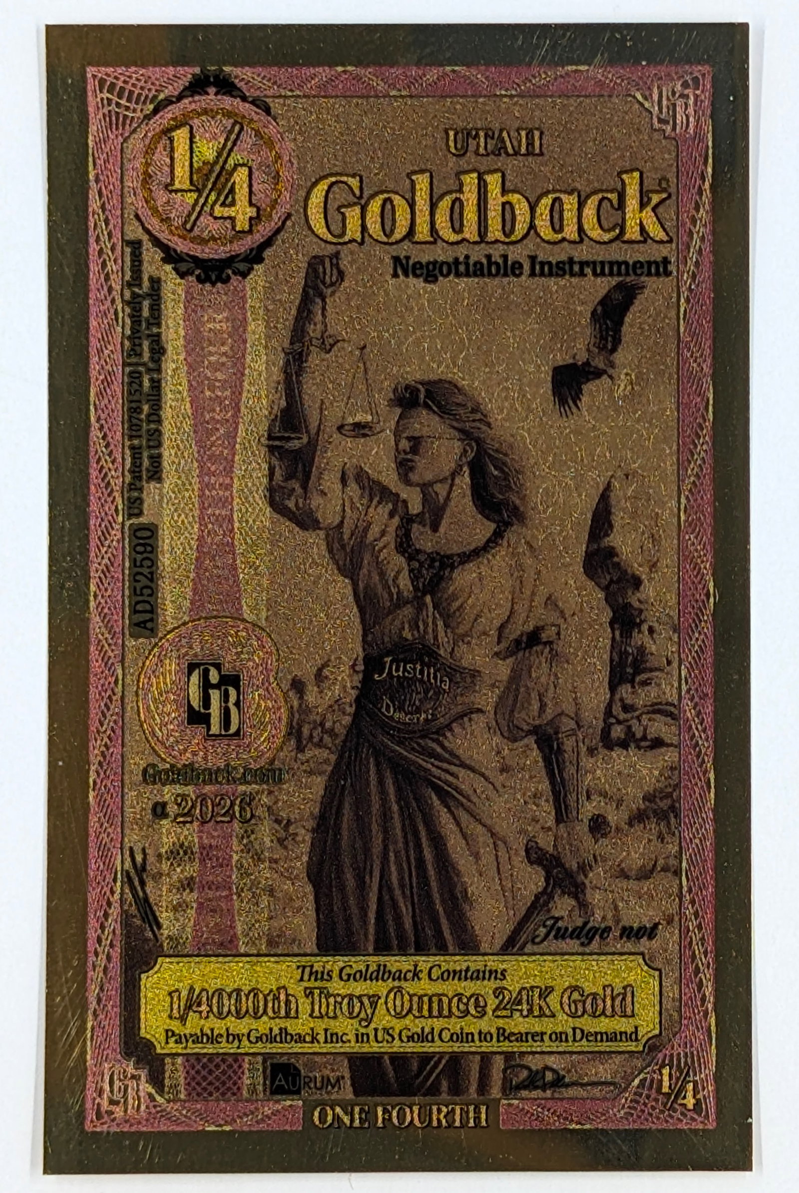 2026 1/4 Utah Goldback 1/4000th Troy Ounce 24K Gold: _