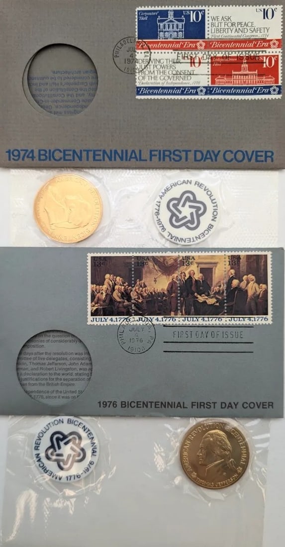 Lot of 2 American Revolution Bicentennial Commemorative Medals & Stamps- 1974, 1976: _