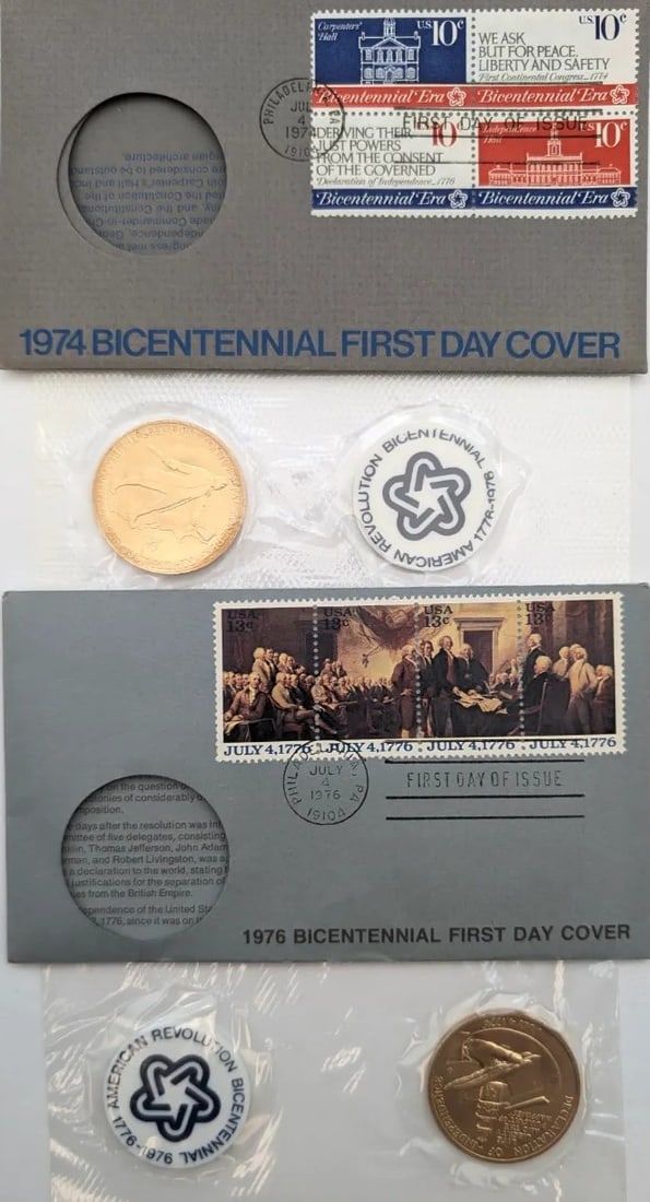 Lot of 2 American Revolution Bicentennial Commemorative Medals & Stamps- 1974, 1976 - 2