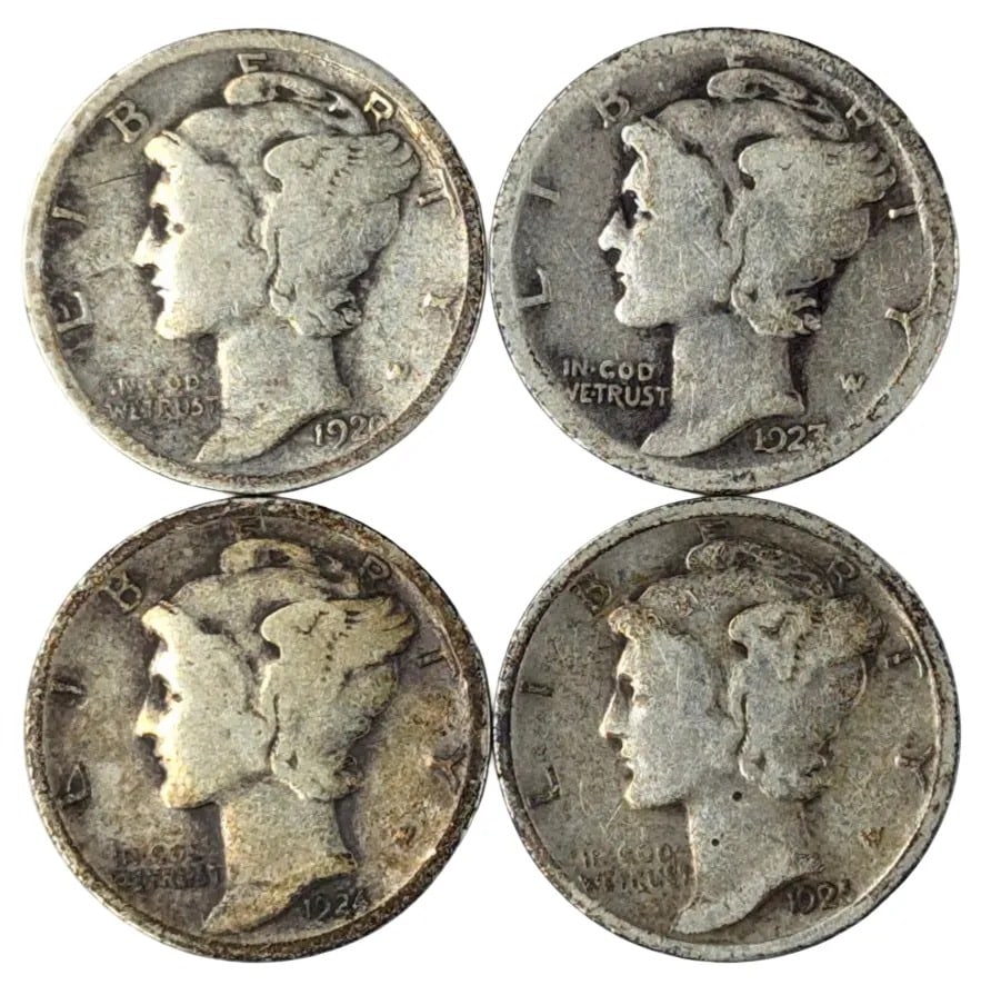 Lot of 4 Silver Mercury Dimes - 1920-1925: _