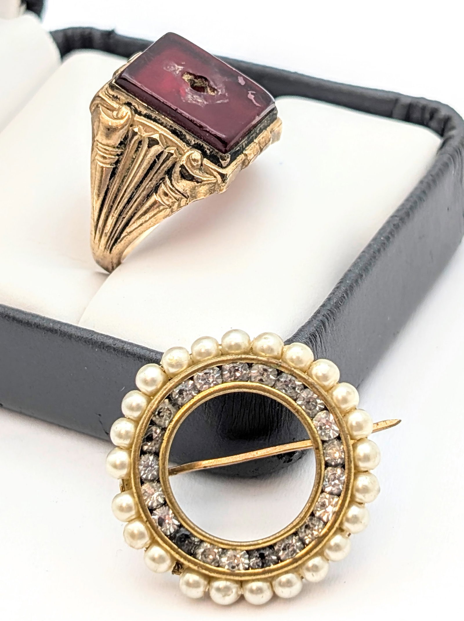 Lot of 2 Vintage Jewelry Pieces- Sterling Silver Gold Filled Ring, Gold Toned Brooch: Repair needed but antique pieces here.