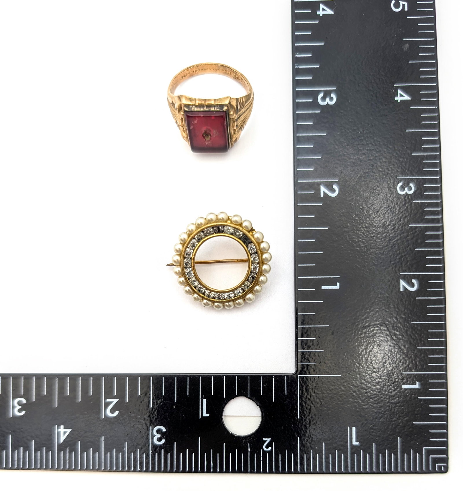 Lot of 2 Vintage Jewelry Pieces- Sterling Silver Gold Filled Ring, Gold Toned Brooch - 7