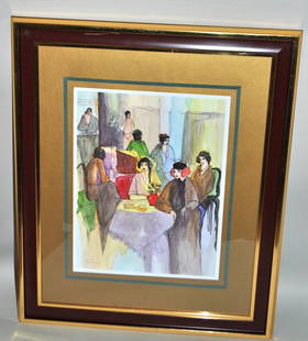 Tarkay Watercolor & Ink 'Woman at a Cafe': 13" x 9 3/4" watercolor and ink 'Woman at a Cafe' signed Tarkay