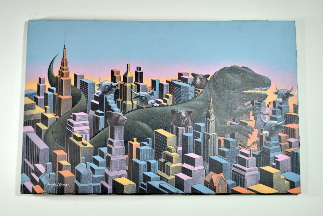 Roger Hane Oil 'T. Rex Among the Bulls and the Bears': 17 3/4" x 28" oil on canvas 'T. Rex Among the Bulls and the Bears' signed Roger Hane