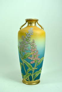 Signed Japanese Coralene 2 Handled Vase: 10 3/4" signed Japanese coralene 2 handled vase with floral decoration