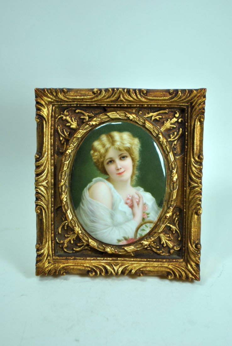 Painting on Porcelain in Gilt Wooden Frame: 5 1/2" x 4" painting on porcelain 'Portrait of a Woman with Roses,' artist signed Wagner, in gilt wooden frame