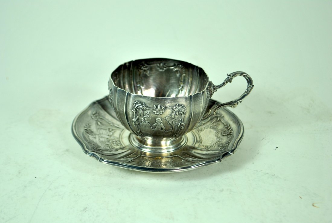 Hallmarked 950 French Silver Hand Chased Cup & Saucer (1 of 8)