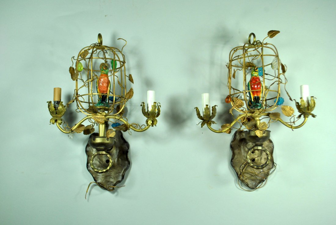 Pr Gilt Metal Birdcage Sconces w/Porcelain Birds (1 of 6)