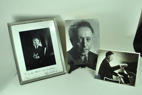 3 Signed Arthur Rubinstein Photographs: 3 signed Arthur Rubinstein photographs, all w/personal inscriptions, dated & signed by Arthur Rubinstein, one also framed & signed by photographer (Yousuf) Karsh