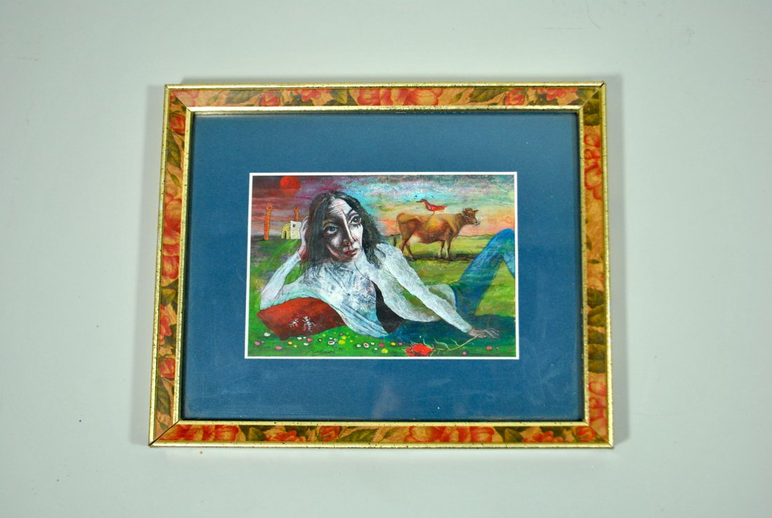 Signed Rockmore Ink & Gouache 'Reclining Woman': 4 1/2" x 6 1/2" ink and gouache on paper 'Reclining Woman in Pasture,' signed (Noel) Rockmore