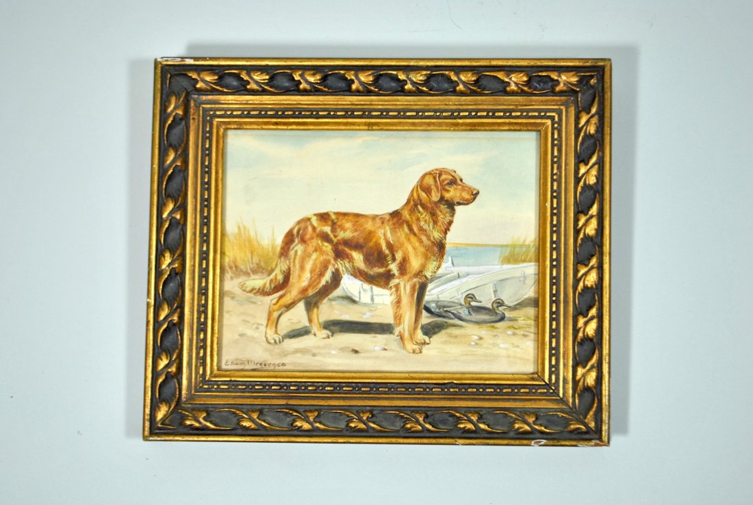 Signed Megargee Watercolor 'Golden Retriever at Beach': 6 1/2" x 8 1/2" watercolor 'Golden Retriever at Beach,' signed Edwin Megargee