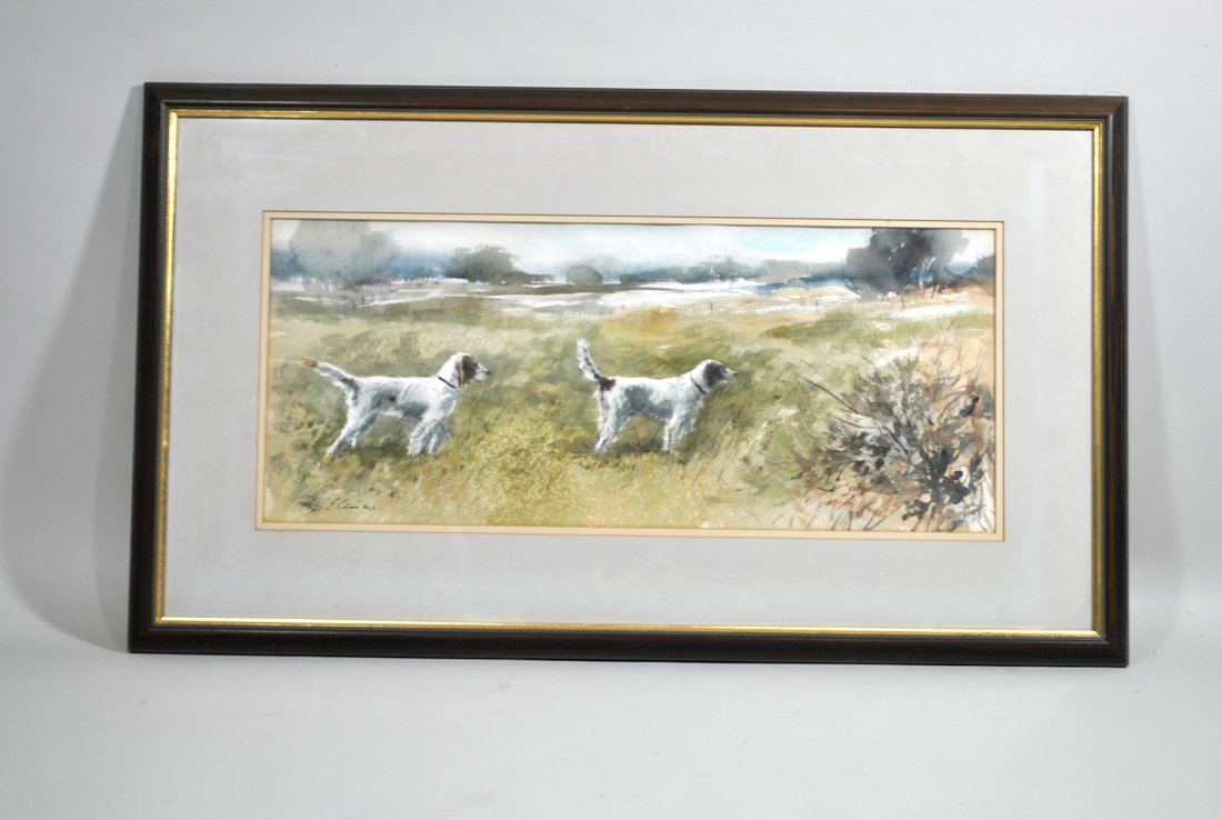 Signed Ellis Watercolor 'Two Setters in the Field' (1 of 6)