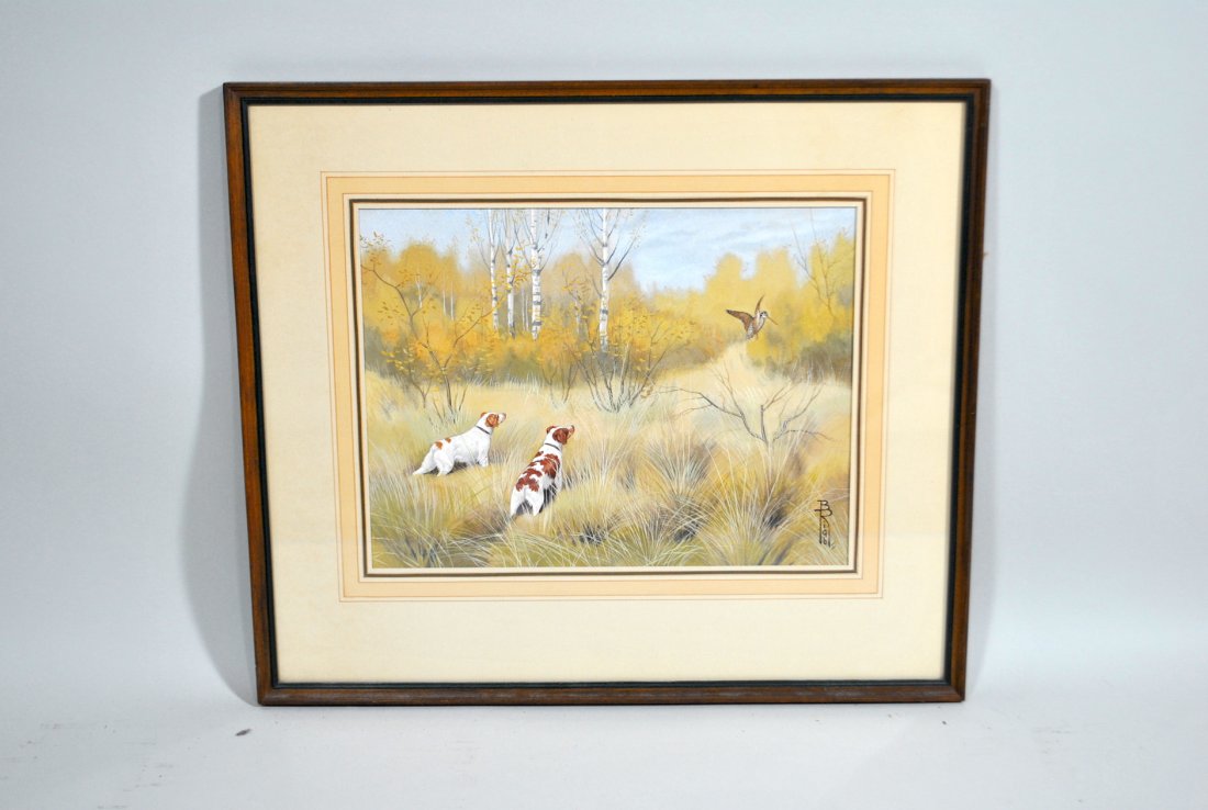 Signed Riab Watercolor 'Bird Dogs in the Field' (1 of 6)
