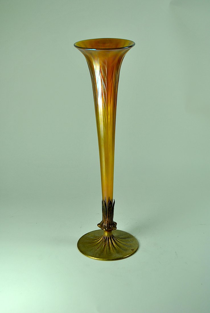 Signed LCT Favrile Trumpet Vase w/Signed Bronze Base (1 of 7)