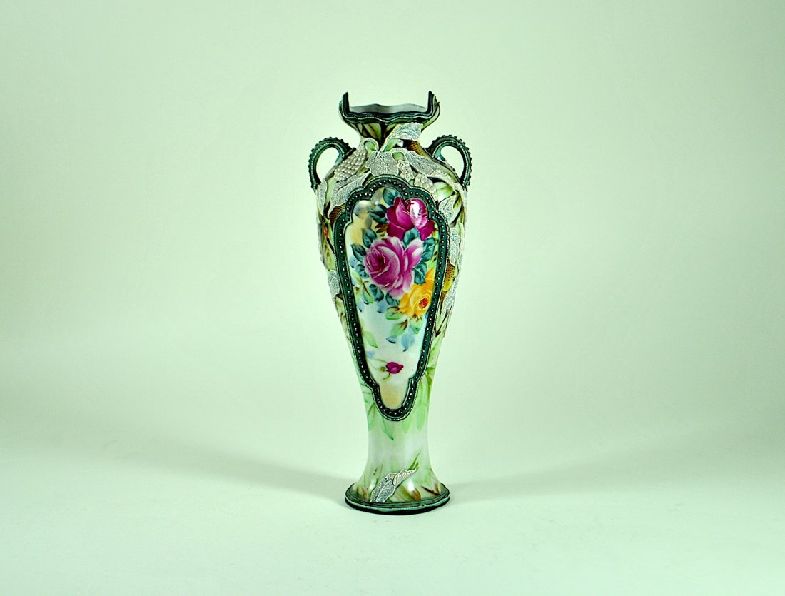 Signed Nippon Moriage Vase: 10 3/4"H signed Nippon Moriage vase w/rose decoration.