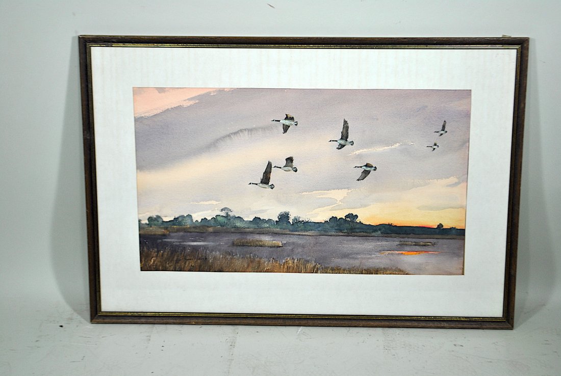 Signed Wayne Davis Watercolor 'Geese in Flight': 16" x 28 1/2" watercolor 'Geese in Flight' signed Wayne Davis.
