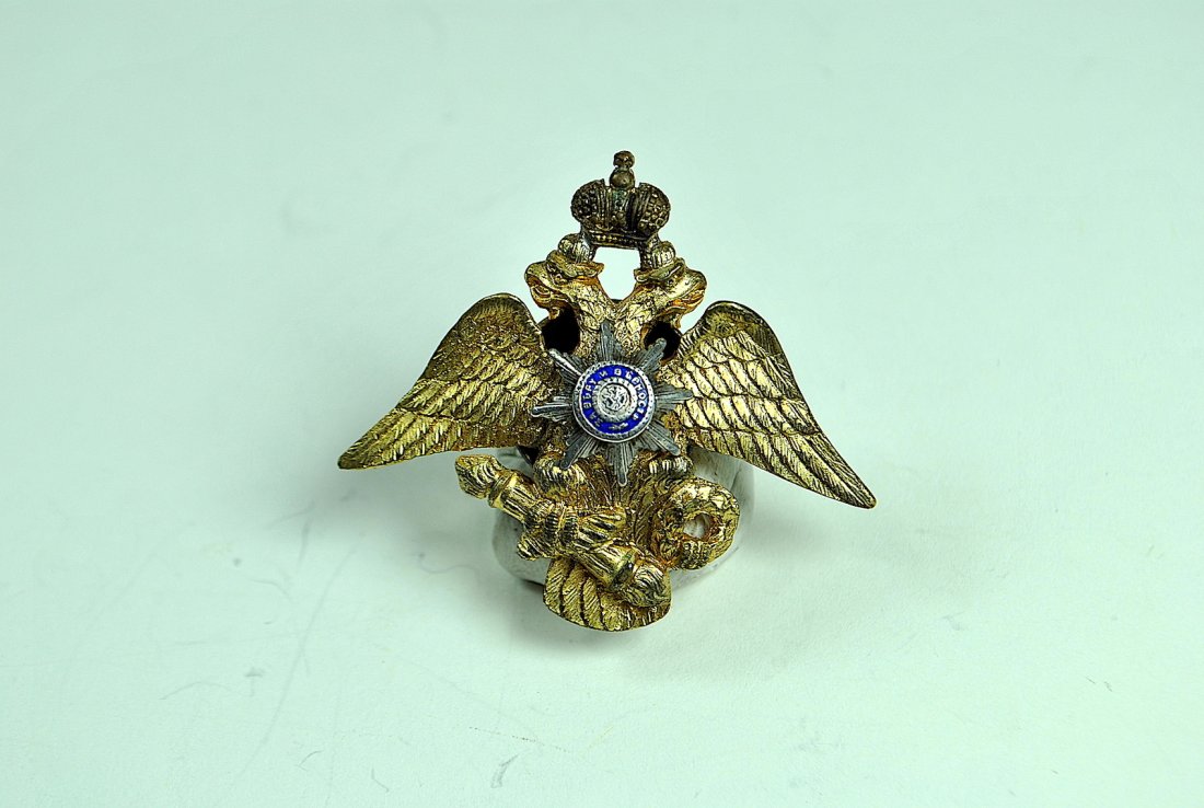 Russian Imperial Badge Nikolaev Cavalry School Grad: Russian Imperial graduation badge from Nikolaev Cavalry School - gilt bronze, silver & enamel, 38mm x 42mm (1 1/2" x 1 3/4").