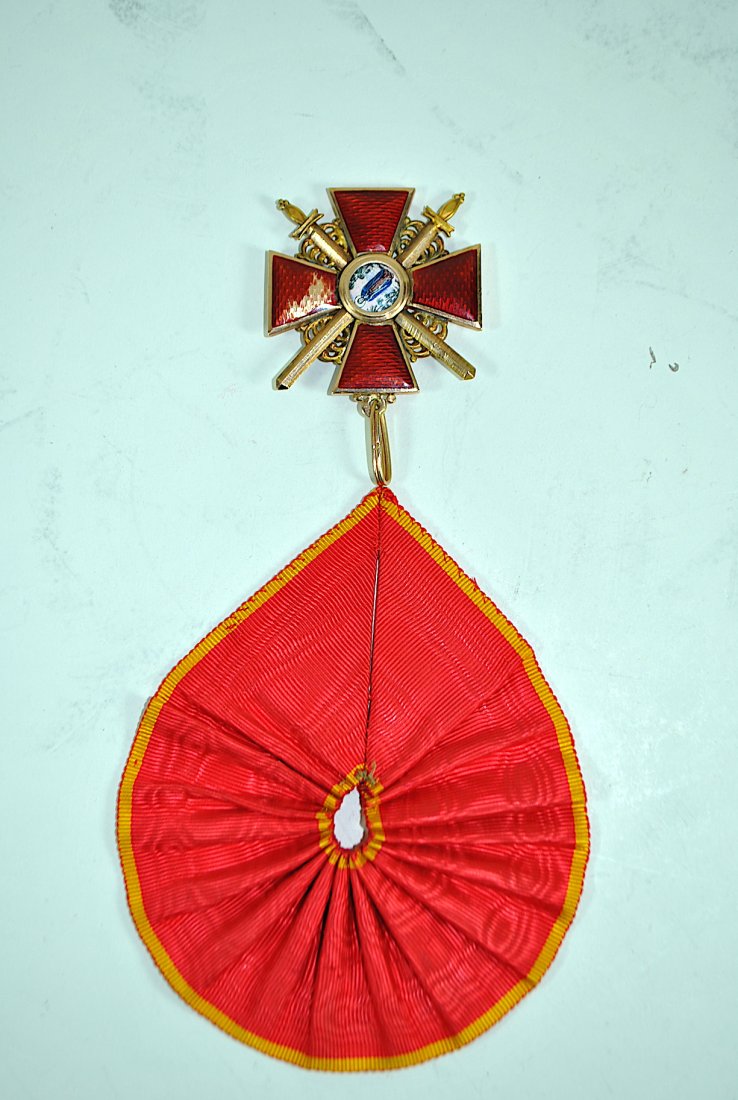 Russian Imperial Order of St. Anne: Russian Imperial Order of St. Anne - hallmarked 14k & enamel, w/workmaster's mark BA under enamel, w/original ribbon, 44mm x 49mm (1 7/8" x 2").