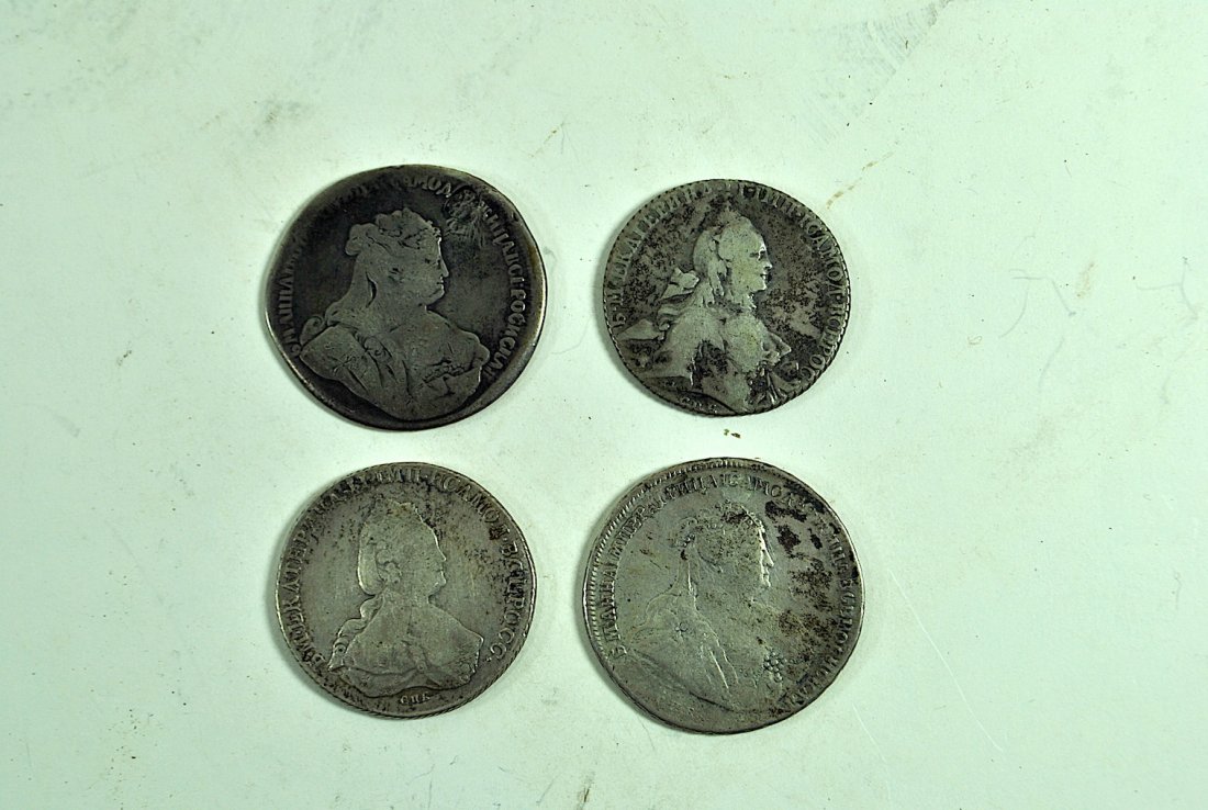 4 Russian Catherine the Great Silver Rubles: 4 Russian 'Catherine the Great' silver rubles, dated 1739, 1786, 2 illegible.