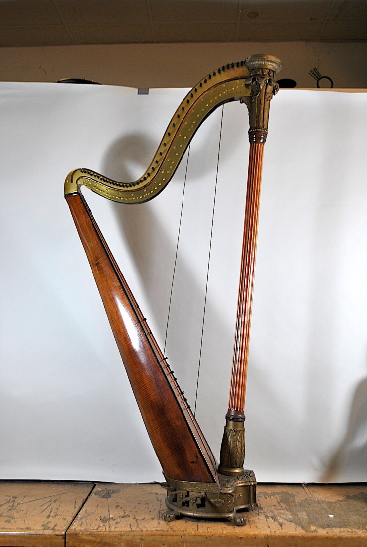 Sebastian Erard's Patent Harp: 67 1/2"H Sebastian Erard's Patent Harp, #677, w/figural carvings & claw feet.