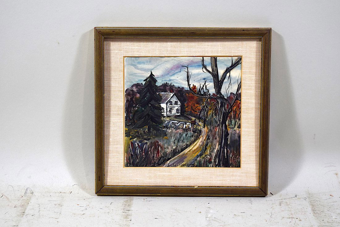 Signed Philip Evergood Gouache 'House in Landscape' (1 of 3)