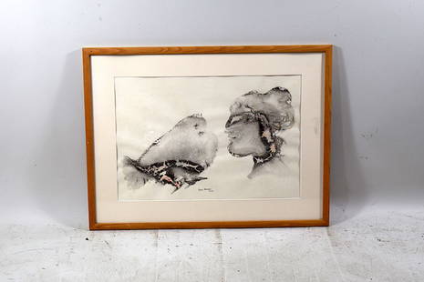 Signed Sakti Burman Ink & Watercolor: 15" x 22" ink & watercolor 'Woman & Bird' signed Sakti Burman