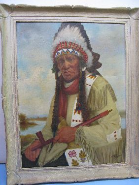 OIL PORTRAIT 'INDIAN CHIEF' SIGNED H METZGER