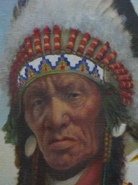 OIL PORTRAIT 'INDIAN CHIEF' SIGNED H METZGER - 2