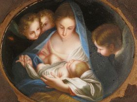 HAND PAINTED PORCELAIN MOTHER & CHILD W/CHERUBS - 2