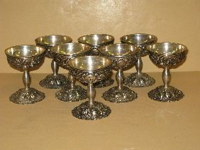 8 STIEFF REPOUSSE STERLING SHERBETS W/LINERS