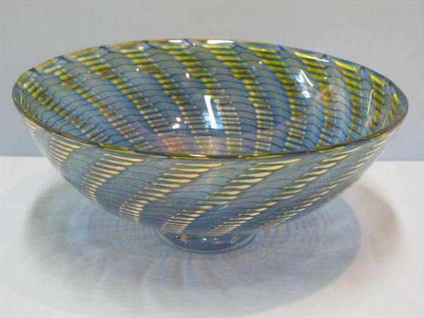 BERTIL VALLIEN KOSTA BODA DECORATED BOWL: 5 5/8" high x 13 1/2" diameter signed Kosta Boda swirl decorated bowl #7050222, artist signed B (Bertil) Vallien, with the original box.