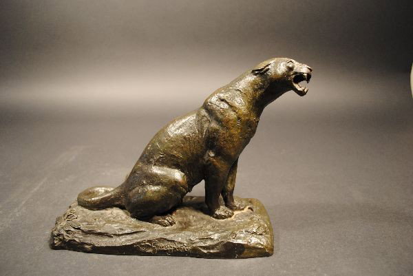 JEAN JULES HENRY GEOFFROY BRONZE "PANTHER": 7.25" high x 9" long bronze "Panther" signed J. Geoffroy, also marked Cire Perdue Susse Fre Ed Paris with foundry seal