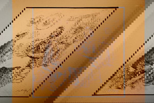 2 F. OPPER PEN AND INK ILLUSTRATIONS: 2 pen & ink illustrations: 13.75" x 13.5" "Red Dog Café" and 11" x 17.75" "Red Dog Meeting", both signed F (Frederick Burr) Opper