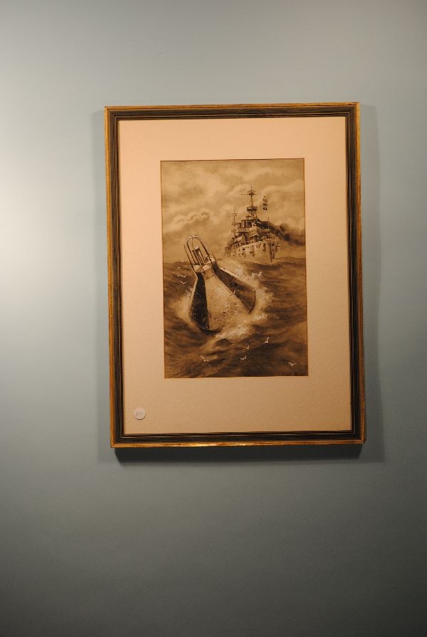 I.W. TABER ILLUSTRATION "BUOY AND BATTLESHIP": 15" X 10" watercolor "Buoy and Battleship" signed I.W. (Isaac Walton) Taber