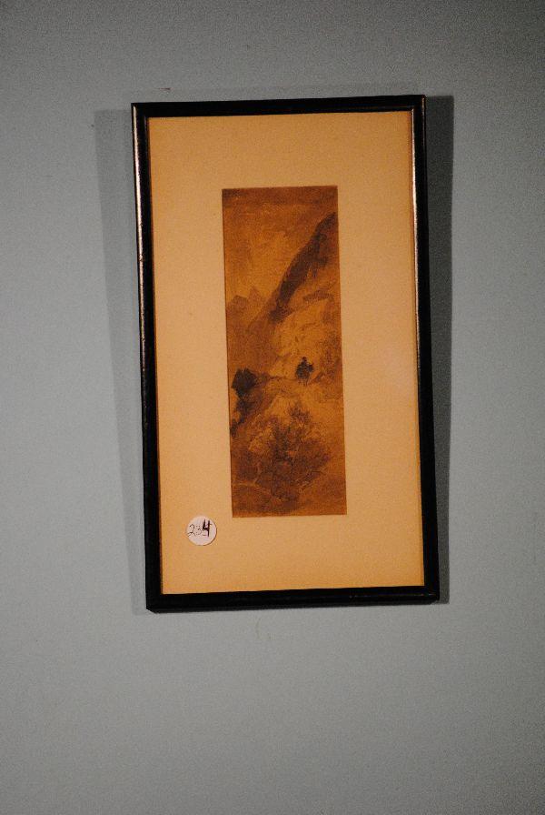 J.M.W. TURNER PENCIL AND WATERCOLOR "THE MOUNTAIN: 8.5" x 3" pencil & watercolor "The Mountain Pass", attributed to Joseph Mallord William Turner, with label on verso