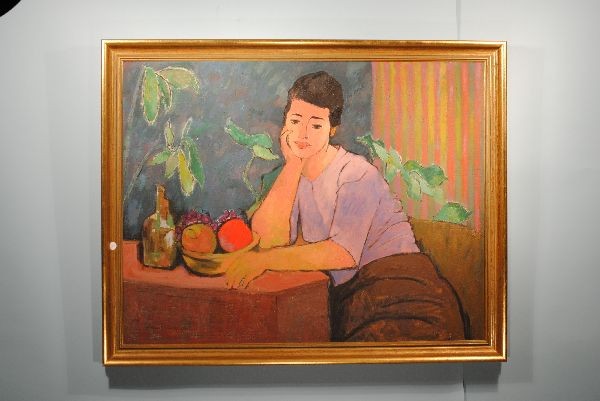 AUGUST MOSCA OIL "GIRL AT TABLE": 27.5" x 36" oil on canvas "Girl at Table" signed August Mosca 1960