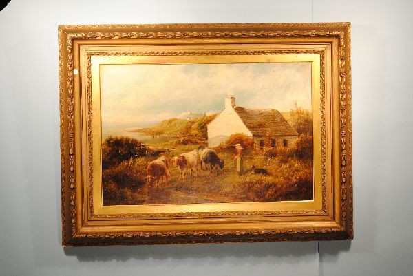 CHARLES WATSON OIL "ENGLISH FARM SCENE ON THE BAY": 20" x 30" oil on canvas "English Farm Scene on the Bay", signed Ch. (Charles H.R.)Watson, 1900, with English canvas stamp & label on verso