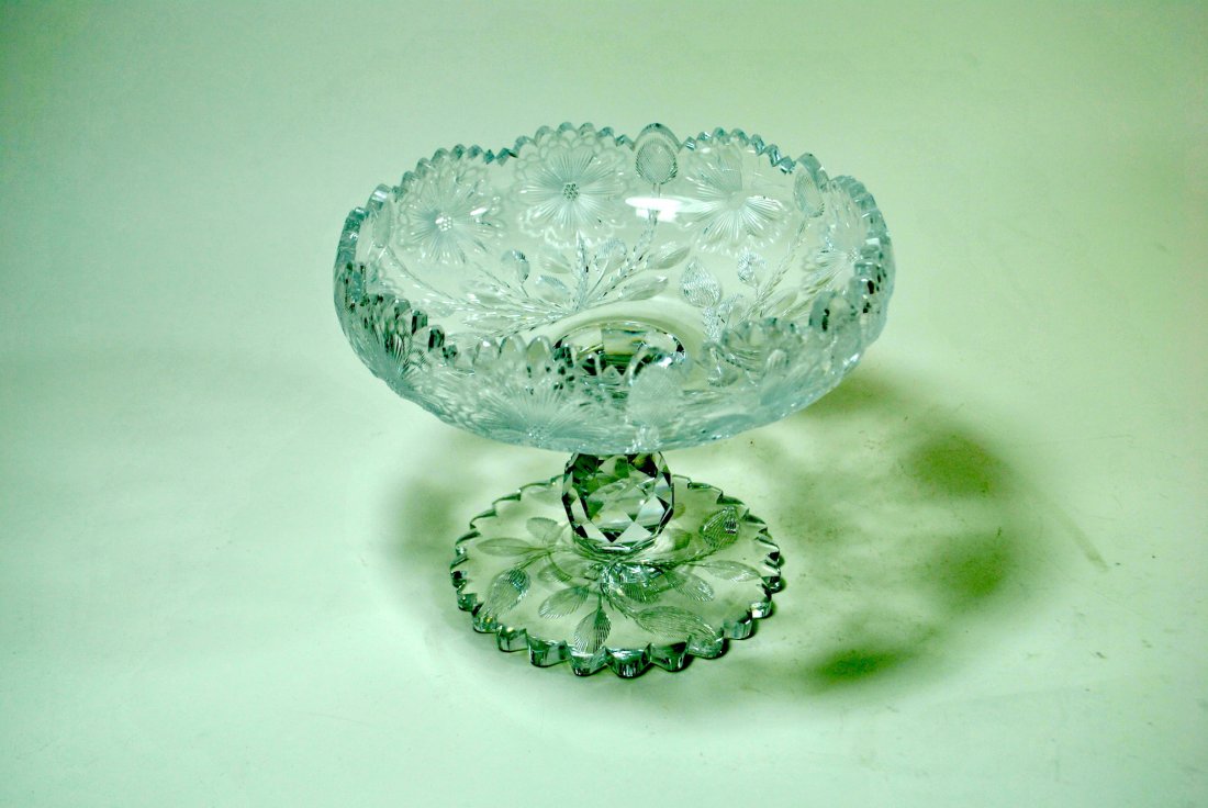 Intaglio Cut Glass Compote: 6 1/2"H x 8 1/4"-dia intaglio cut glass compote in silvery intaglio butterfly and flower pattern