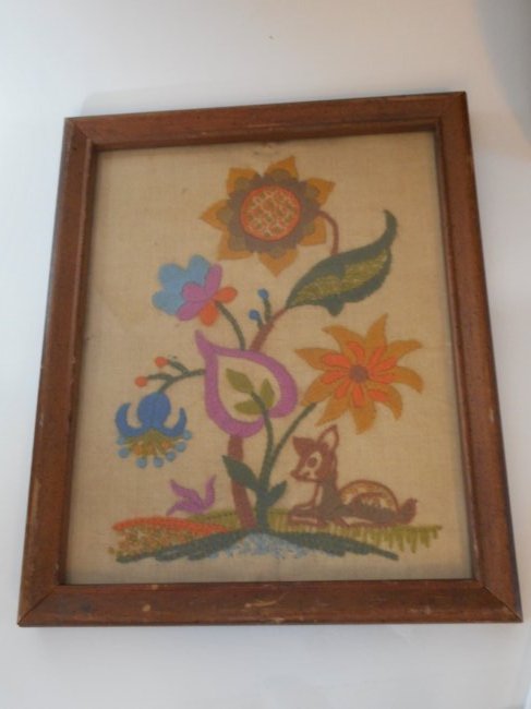 Framed Vintage Perilusta Needlepoint, Woodland Decor, Deer ,Flowers, Colorful stitches,French knots (1 of 2)