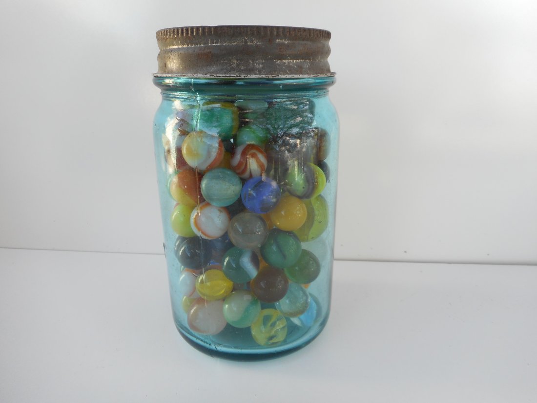 Antique Glass Marbles stored in Mason Jar with Metal Screw -on Lid: Bidding on this item is acceptance of our posted Auction Policy