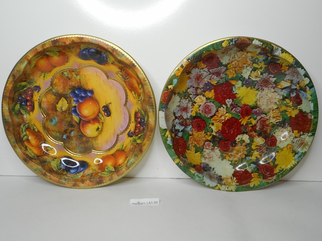 Two 1971 Daher Decorated Ware, Tin Serving Dishes, Floral and Fruit Still Art Designs (1 of 5)