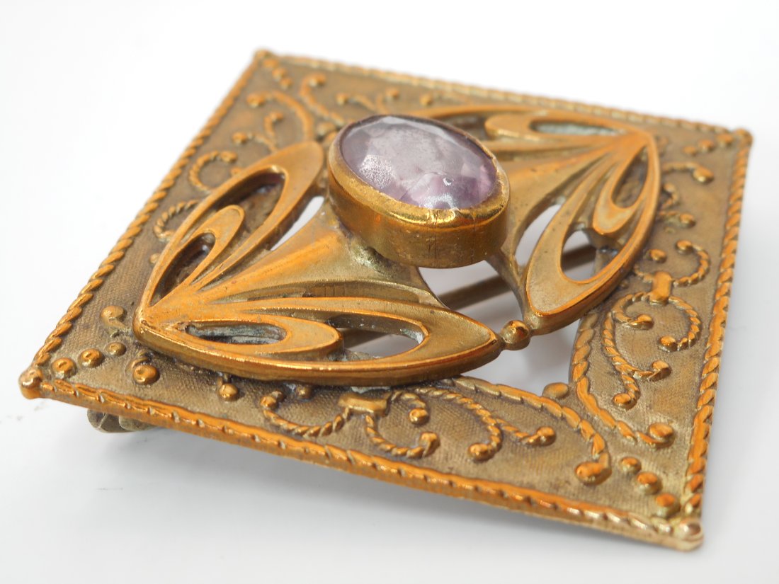 Beautiful Antique Bronze Victorian Square Brooch, Oval Open-Back Amethyst Center, Filigree Border (1 of 6)