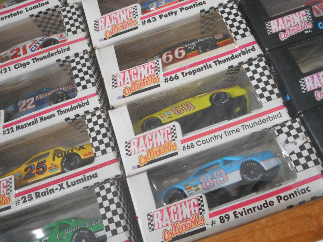 Wooden display case full of Diecast Racing Collectibles Cars in boxes, Hot Wheels-type, NASCAR (1 of 12)